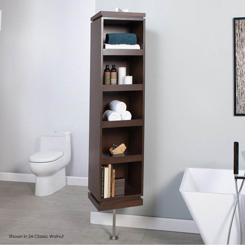 Lacava Wall-mount rotating cabinet on brushed stainless steel supports, with mirror on one side and open shelves on the other side.
