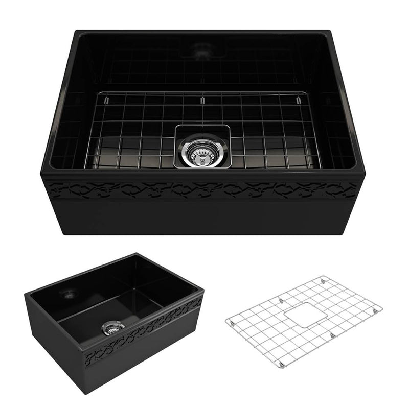 BOCCHI Vigneto Apron Front Fireclay 27 in. Single Bowl Kitchen Sink with Protective Bottom Grid and Strainer
