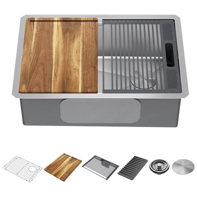 Delta Faucet DELTA® Lorelai™ 27'' Workstation Kitchen Sink Undermount 16 Gauge Stainless Steel Single Bowl with WorkFlow™ Ledge and Accessories