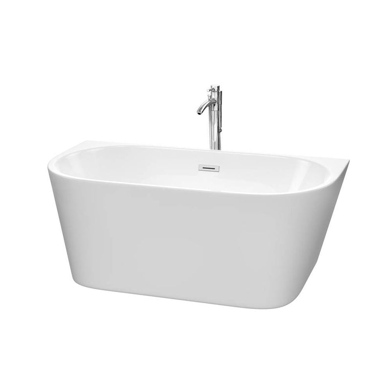 Wyndham Collection Callie 59 Inch Freestanding Bathtub in White with Floor Mounted Faucet, Drain and Overflow Trim