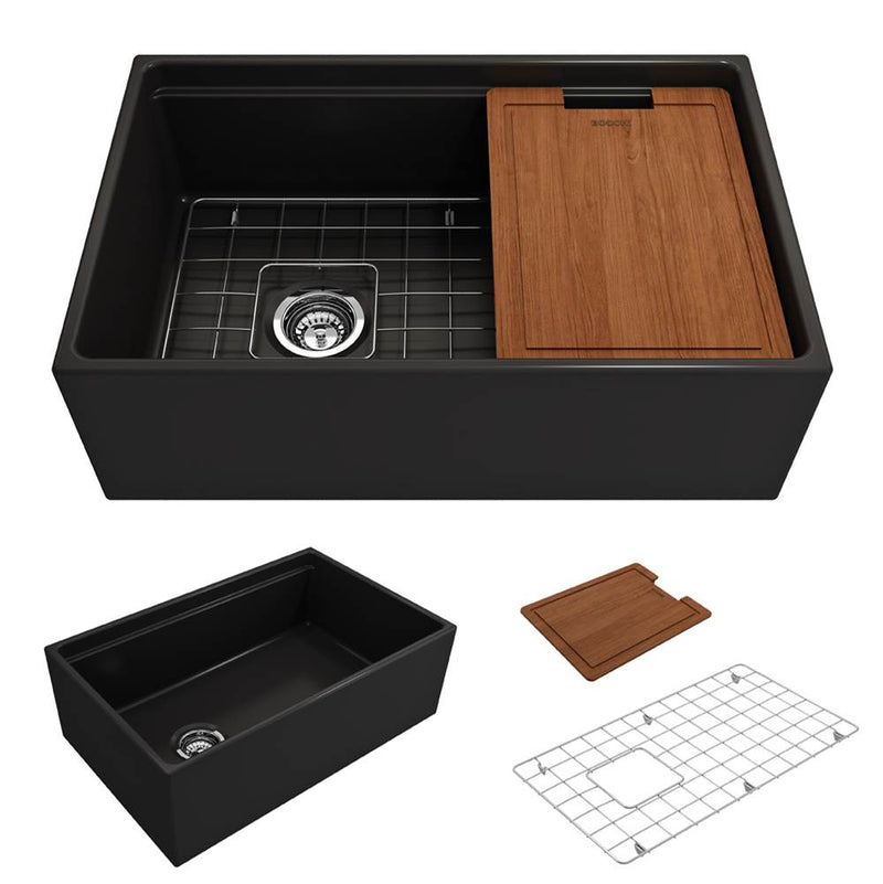 BOCCHI Contempo Step-Rim Apron Front Fireclay 30 in. Single Bowl Kitchen Sink with Integrated Work Station & Accessories