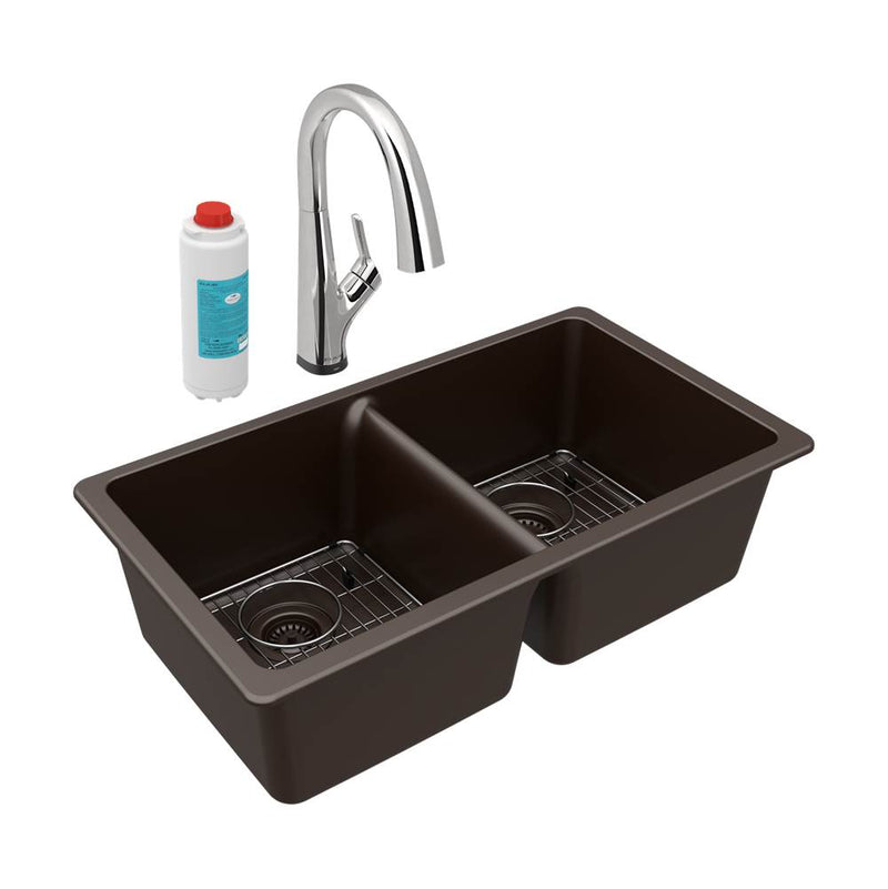 Elkay Quartz Classic 33'' x 18-1/2'' x 9-1/2'', Equal Double Bowl Undermount Sink Kit with Filtered Faucet