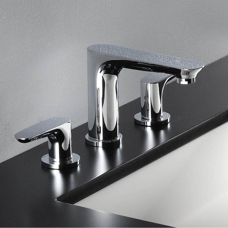 Lacava Deck-mount three-hole faucet with two lever handles. Water flow rate: 1.2GPM pressure compensating aerator. H: 5'', SPOUT: 5 1/8''