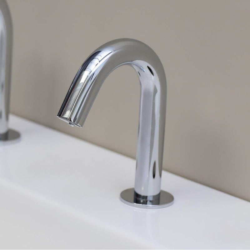 Lacava Electronic deck-mounted touch-free soap dispenser with goose-neck spout.
