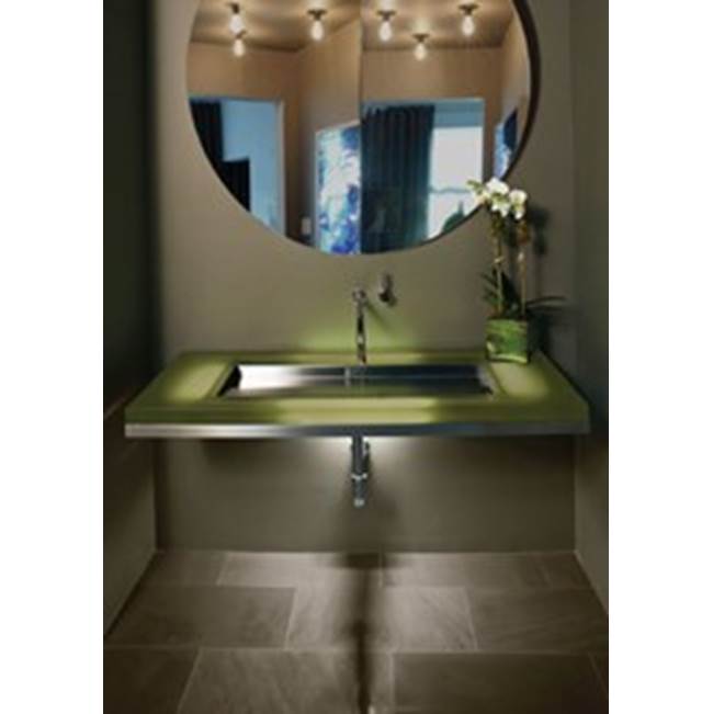 Neo-Metro by Acorn wall mounted , brushed stainless steel frame, Cranjuice (red) resin countertop, 36 X 14 shallow brushed stainless steel basin, LED light system, res