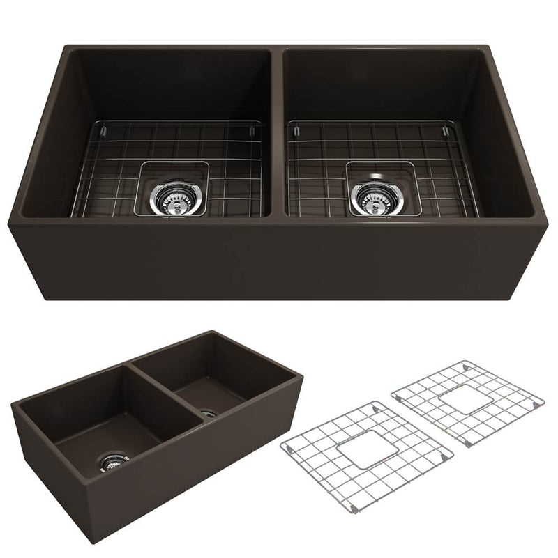 BOCCHI Contempo Apron Front Fireclay 36 in. Double Bowl Kitchen Sink with Protective Bottom Grids and Strainers