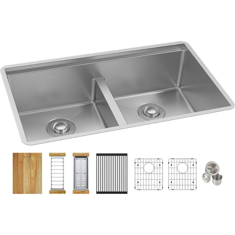 Elkay Crosstown 18 Gauge Workstation Stainless Steel, 31-1/2'' x 18-1/2'' x 9'' Equal Double Bowl Sink Kit with Aqua Divide