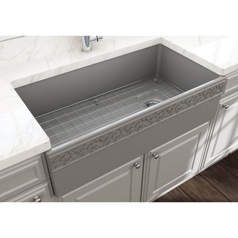 BOCCHI Vigneto Apron Front Fireclay 36 in. Single Bowl Kitchen Sink with Protective Bottom Grid and Strainer