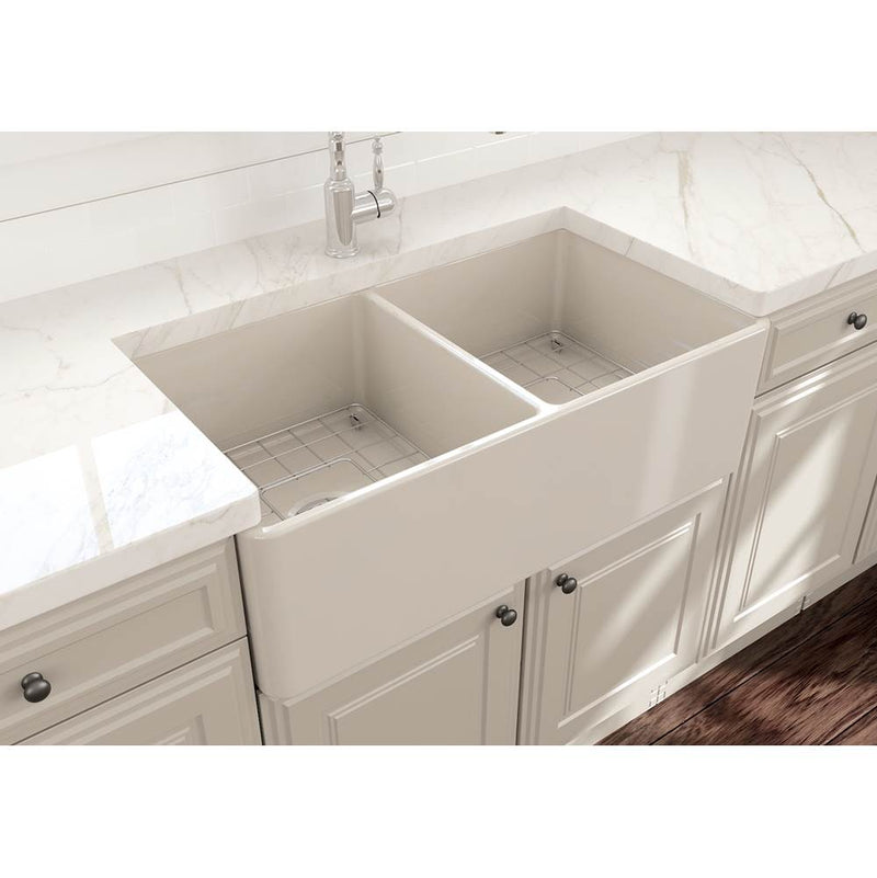 BOCCHI Classico Farmhouse Apron Front Fireclay 33 in. Double Bowl Kitchen Sink with Protective Bottom Grids and Strainers