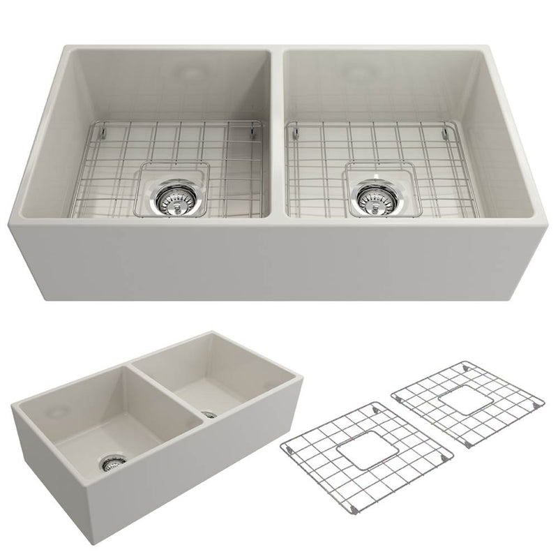 BOCCHI Contempo Apron Front Fireclay 36 in. Double Bowl Kitchen Sink with Protective Bottom Grids and Strainers