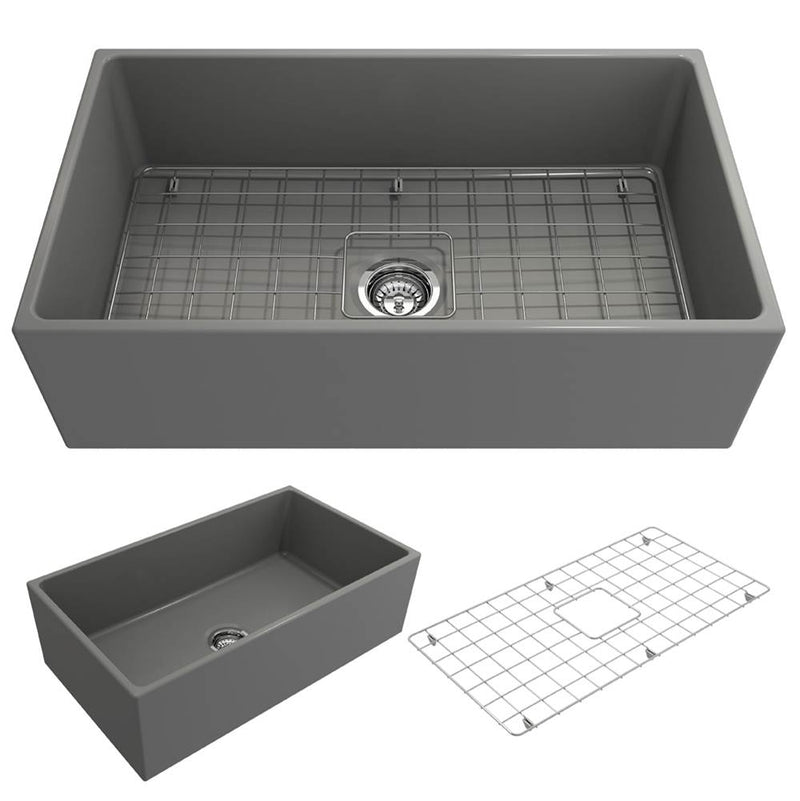 BOCCHI Contempo Apron Front Fireclay 33 in. Single Bowl Kitchen Sink with Protective Bottom Grid and Strainer
