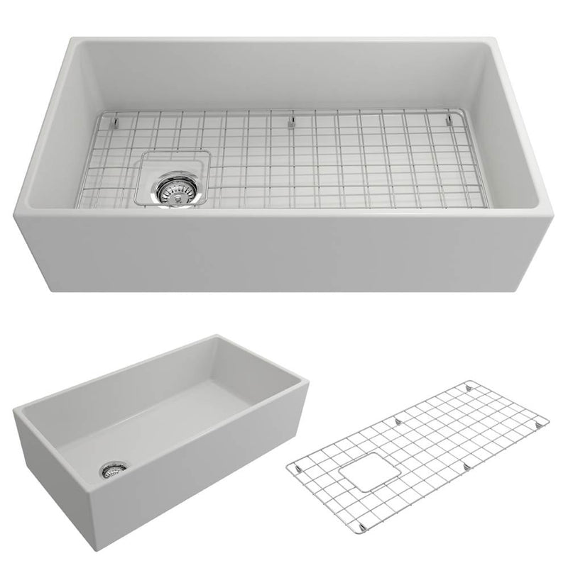 BOCCHI Contempo Apron Front Fireclay 36 in. Single Bowl Kitchen Sink with Protective Bottom Grid and Strainer