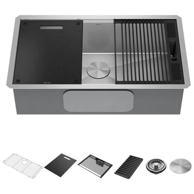 Delta Faucet DELTA® Rivet™ 32'' Workstation Kitchen Sink Undermount 16 Gauge Stainless Steel Single Bowl with WorkFlow™ Ledge and Accessories