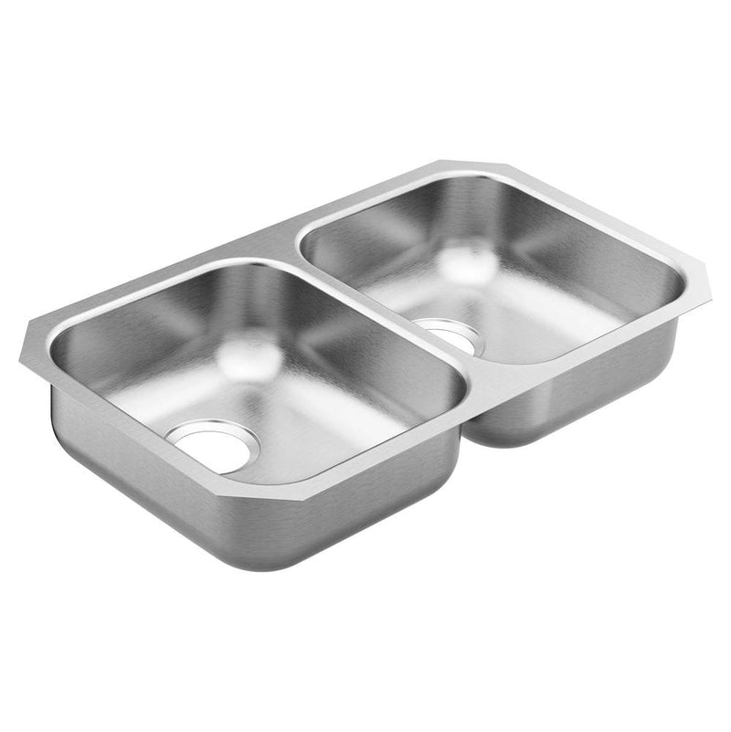 Moen 2000 Series 31.25-inch 20 Gauge Undermount Double Bowl Stainless Steel Kitchen Sink, Rear Drain