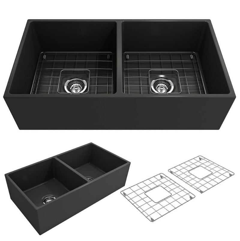 BOCCHI Contempo Apron Front Fireclay 36 in. Double Bowl Kitchen Sink with Protective Bottom Grids and Strainers