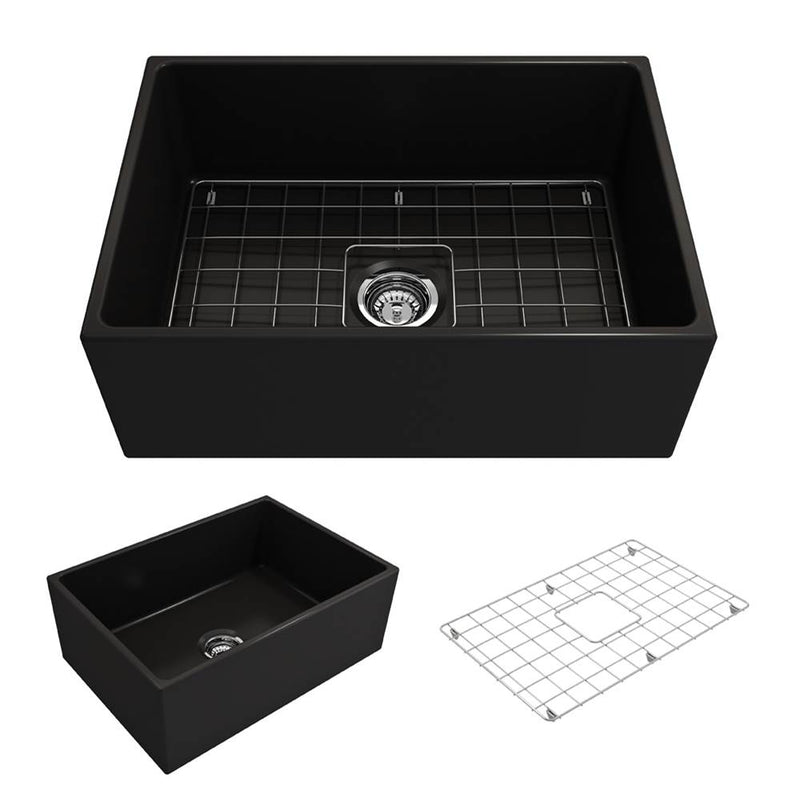 BOCCHI Contempo Apron Front Fireclay 27 in. Single Bowl Kitchen Sink with Protective Bottom Grid and Strainer