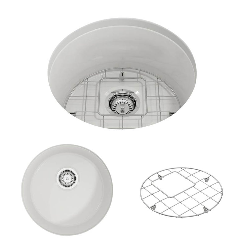 BOCCHI Sotto Round Dual-mount Fireclay 18.5 in. Single Bowl Bar Sink with Protective Bottom Grid and Strainer