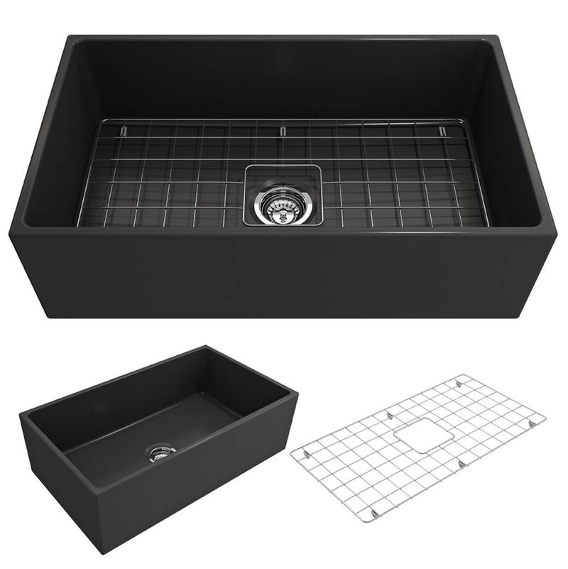 BOCCHI Contempo Apron Front Fireclay 33 in. Single Bowl Kitchen Sink with Protective Bottom Grid and Straine