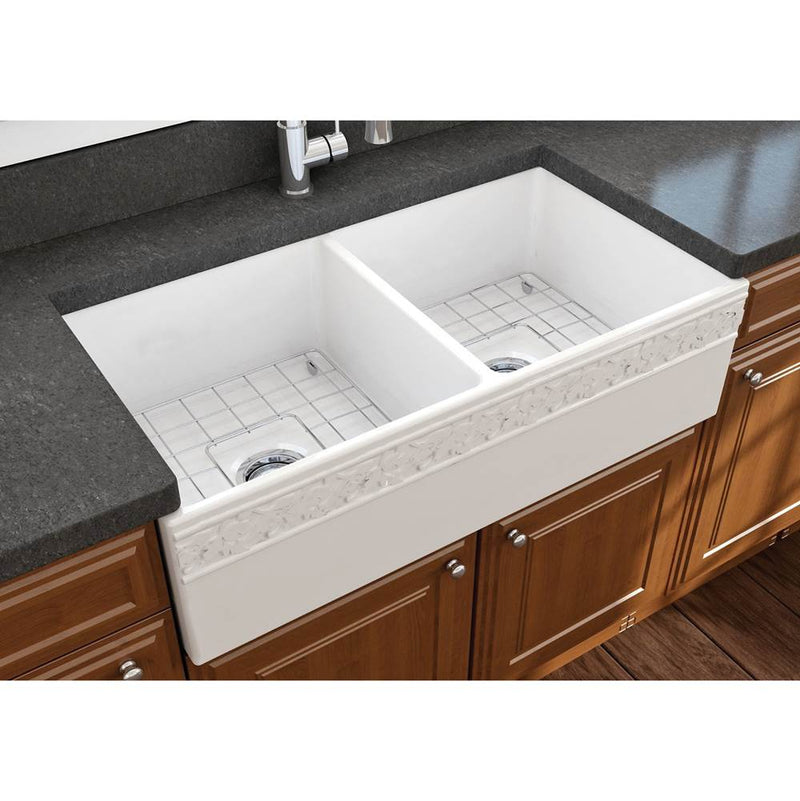 BOCCHI Vigneto Apron Front Fireclay 36 in. Double Bowl Kitchen Sink with Protective Bottom Grids and Strainers