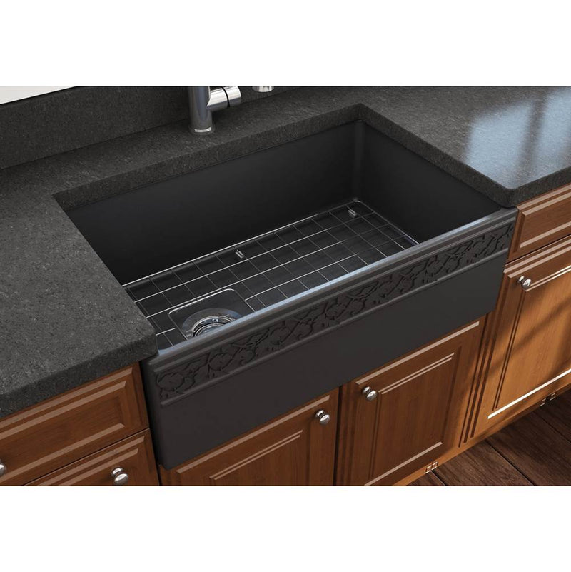 BOCCHI Vigneto Apron Front Fireclay 30 in. Single Bowl Kitchen Sink with Protective Bottom Grid and Strainer in Matte Dark Gray
