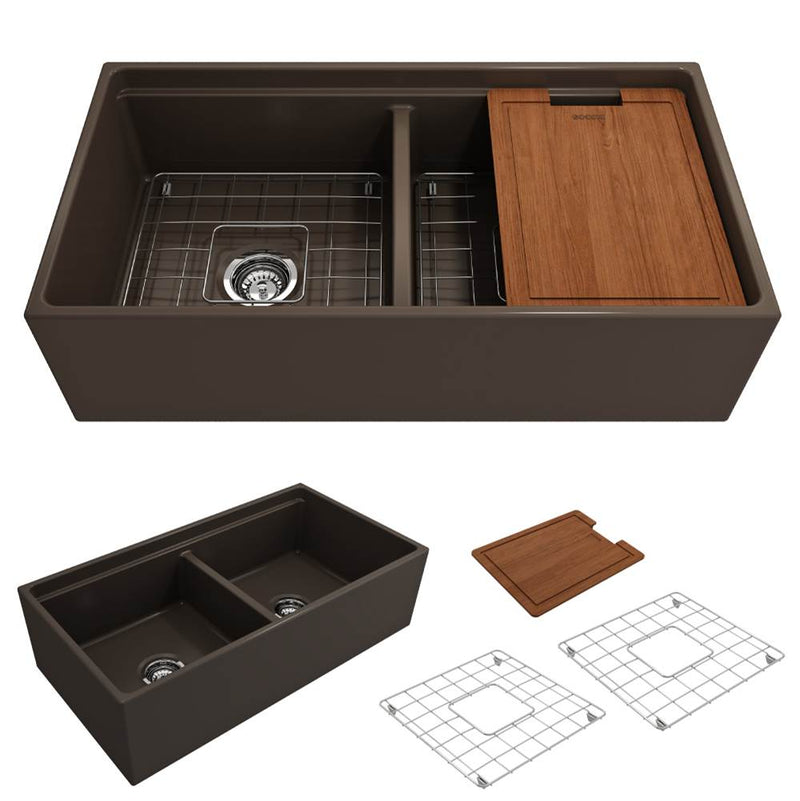 BOCCHI Contempo Step-Rim Apron Front Fireclay 36 in. Double Bowl Kitchen Sink with Integrated Work Station & Accessories