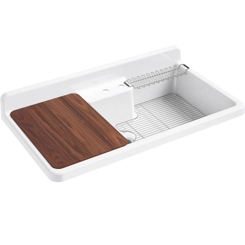 Kohler Farmstead® 45'' x 25'' x 9'' top-mount/wall-mount workstation kitchen sink with two faucet holes, white underside