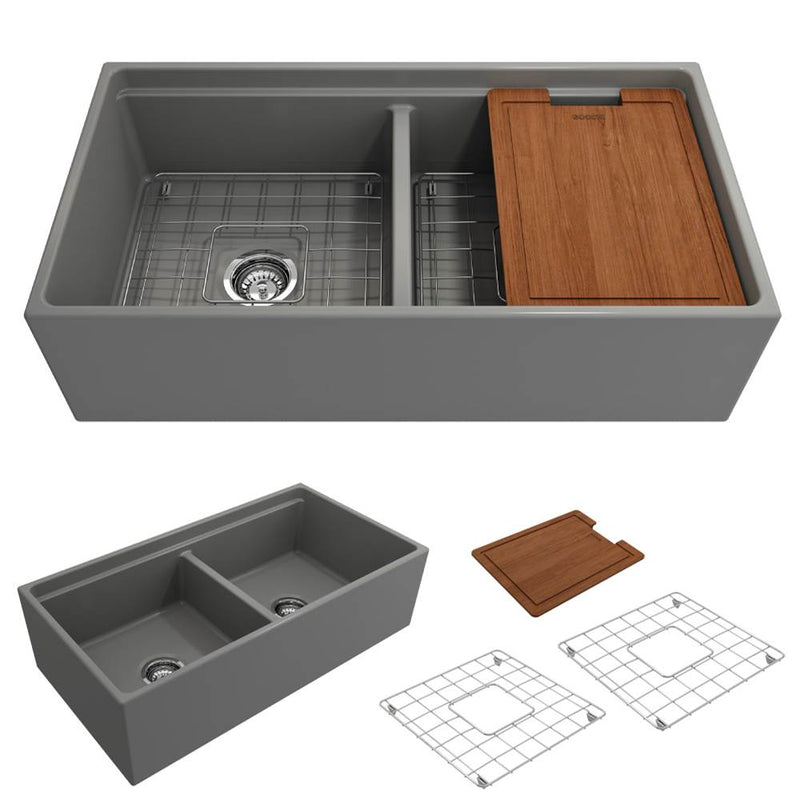 BOCCHI Contempo Step-Rim Apron Front Fireclay 36 in. Double Bowl Kitchen Sink with Integrated Work Station & Accessories
