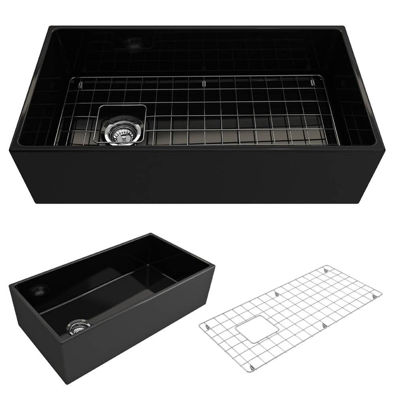 BOCCHI Contempo Apron Front Fireclay 36 in. Single Bowl Kitchen Sink with Protective Bottom Grid and Strainer