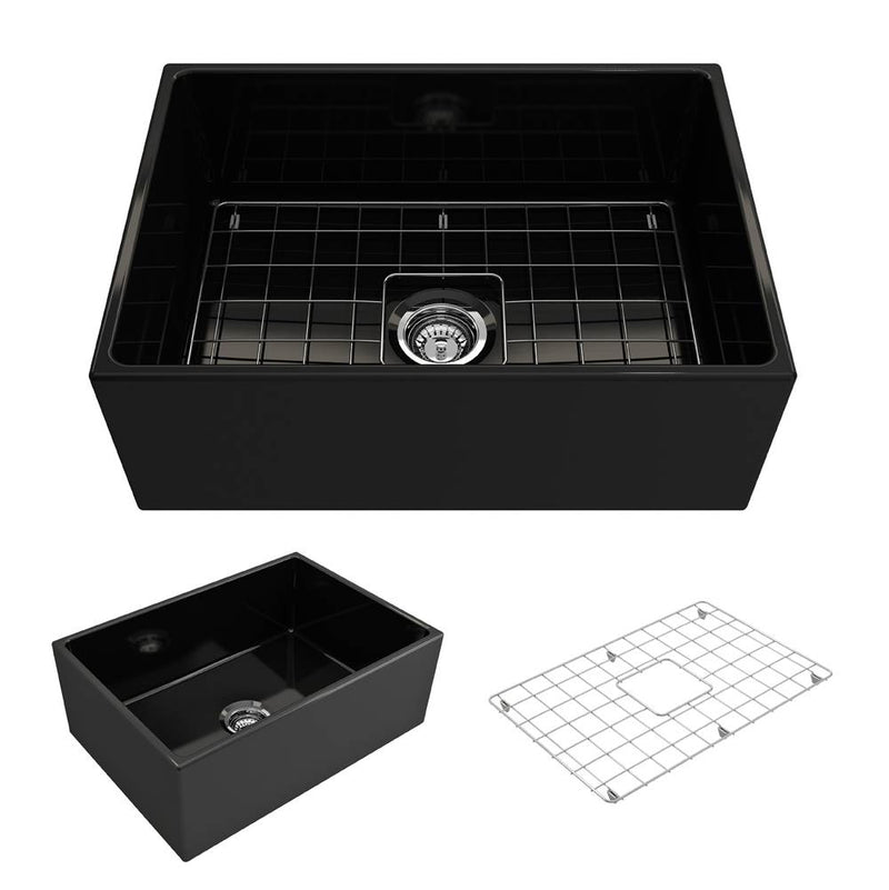 BOCCHI Contempo Apron Front Fireclay 27 in. Single Bowl Kitchen Sink with Protective Bottom Grid and Strainer
