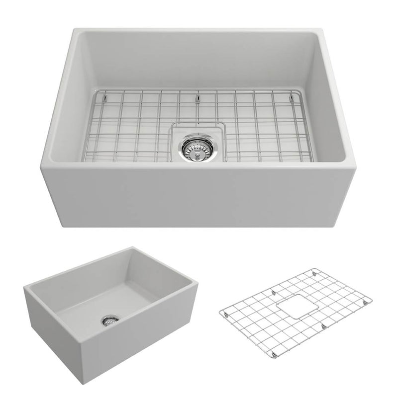 BOCCHI Contempo Apron Front Fireclay 27 in. Single Bowl Kitchen Sink with Protective Bottom Grid and Strainer