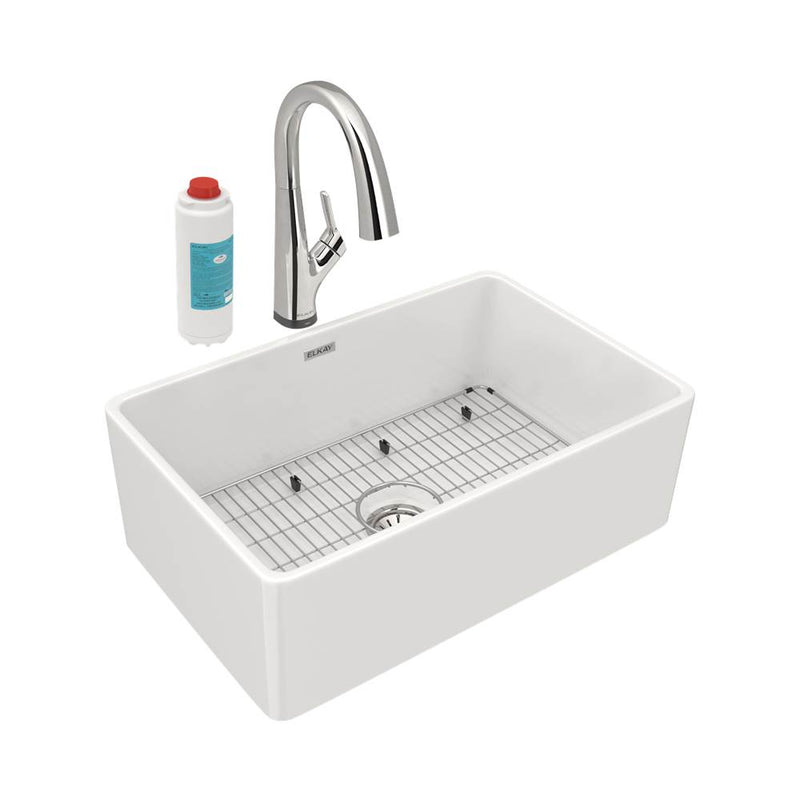 Elkay Fireclay 30'' x 19-15/16'' x 9-1/8'', Single Bowl Farmhouse Sink Kit with Filtered Faucet