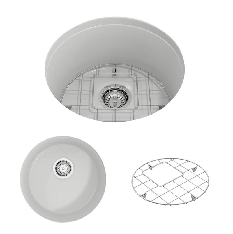 BOCCHI Sotto Round Dual-mount Fireclay 18.5 in. Single Bowl Bar Sink with Protective Bottom Grid and Strainer