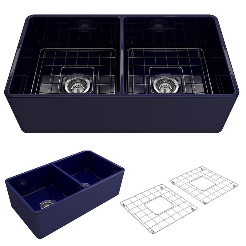 BOCCHI Classico Farmhouse Apron Front Fireclay 33 in. Double Bowl Kitchen Sink with Protective Bottom Grids and Strainers