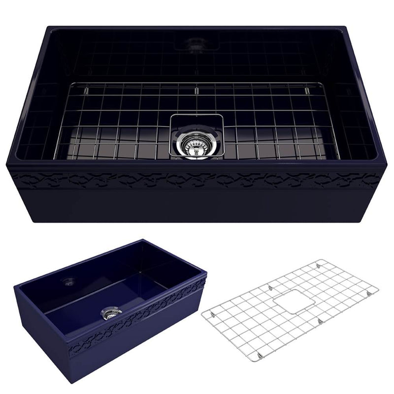 BOCCHI Vigneto Apron Front Fireclay 33 in. Single Bowl Kitchen Sink with Protective Bottom Grid and Strainer